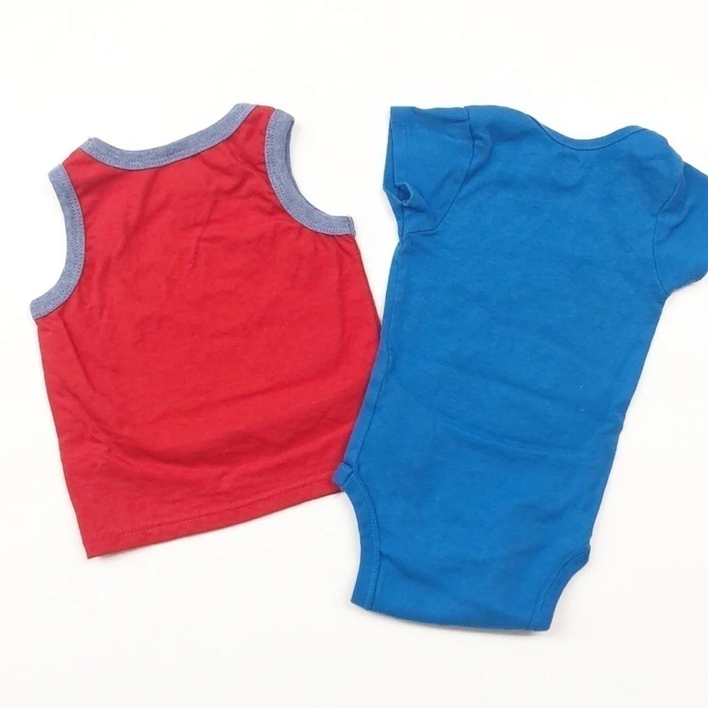 Little Lad red beach tank top + Onesies blue sports baby bodysuit